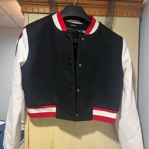 Alice + Olivia Black and White Varsity Jacket with Red Accents